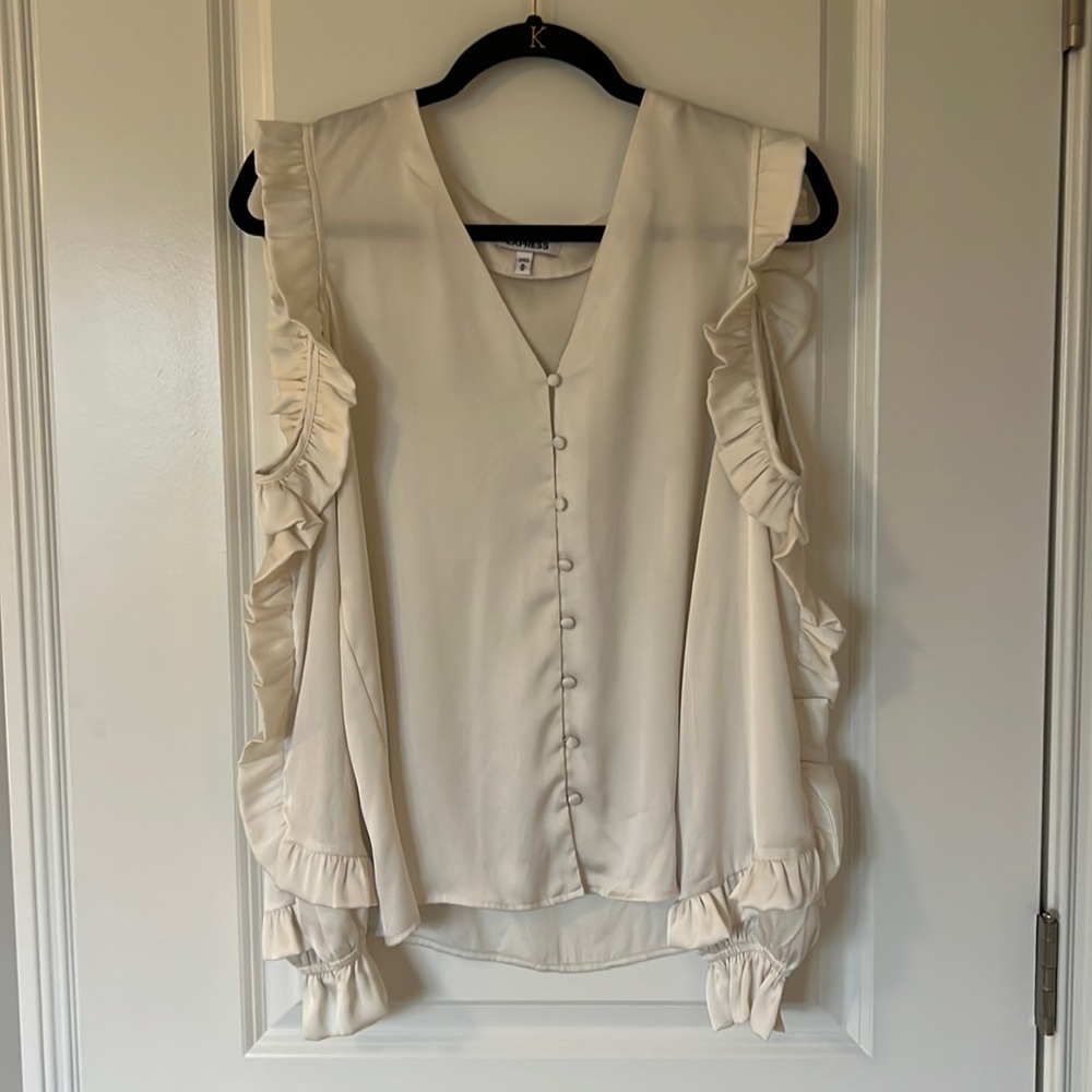 Express White Ruffle Blouse with open shoulder M